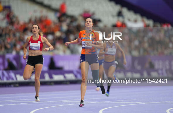 Kimberly Alkemade of Netherlands in action in Women's 200m - T64 Round 1 during the Paris 2024 Paralympic Games at Stade de France on Septem...