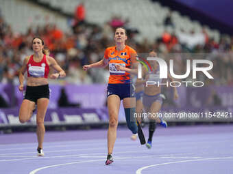 Kimberly Alkemade of Netherlands in action in Women's 200m - T64 Round 1 during the Paris 2024 Paralympic Games at Stade de France on Septem...