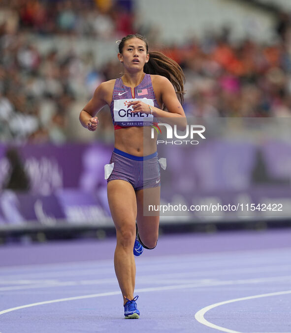 Annie Carey of United States of America in action in Women's 200m - T44 Round 1 during the Paris 2024 Paralympic Games at Stade de France on...