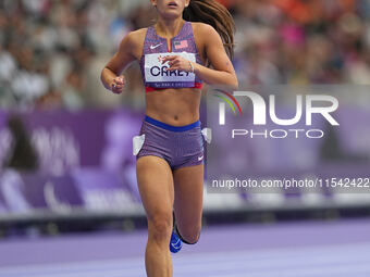 Annie Carey of United States of America in action in Women's 200m - T44 Round 1 during the Paris 2024 Paralympic Games at Stade de France on...