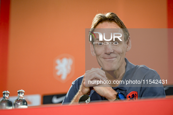 Bas Tichelaar participates in the training and press conference for the Netherlands Nations League season 2024-2025 at the KNVB Campus in Ze...