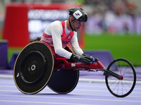 Cody Fournie of Canada celebrates winning gold in Men's 200m - T51 Final during the Paris 2024 Paralympic Games at Stade de France on Septem...