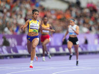 Rayane Soares Da Silva of Brazil in action in Women's 100m - T13 Round 1 during the Paris 2024 Paralympic Games at Stade de France on Septem...