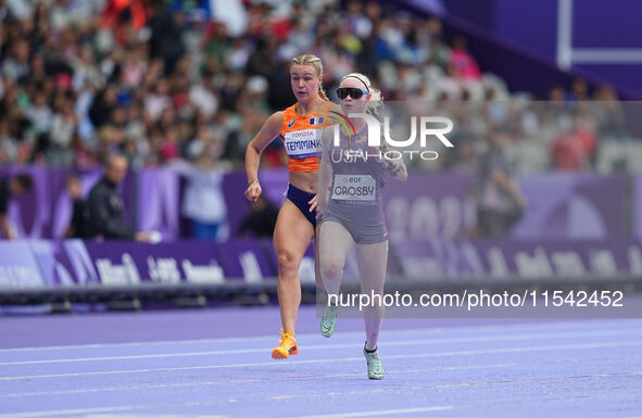 Kym Crosby of United States of America in action in Women's 100m - T13 Round 1 during the Paris 2024 Paralympic Games at Stade de France on...