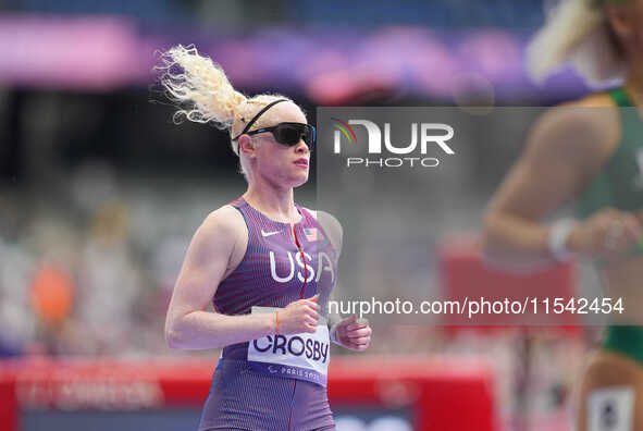 Kym Crosby of United States of America in action in Women's 100m - T13 Round 1 during the Paris 2024 Paralympic Games at Stade de France on...