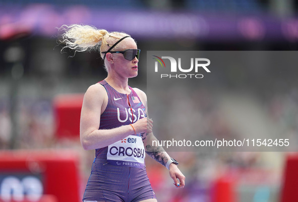 Kym Crosby of United States of America in action in Women's 100m - T13 Round 1 during the Paris 2024 Paralympic Games at Stade de France on...