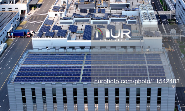 Rows of photovoltaic panels are seen on top of a New Materials company house in Haian, China, on September 3, 2024. 