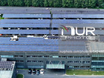 Rows of photovoltaic panels are seen on top of a New Materials company house in Haian, China, on September 3, 2024. (