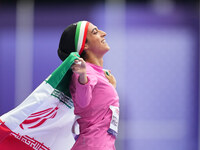 Hajar Safarzadeh Ghahderijani of Islamic Republic of Iran celebrates winning silver in Women's 400m - T12 Final during the Paris 2024 Paraly...