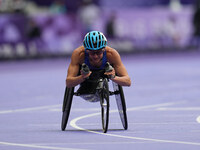 Susannah Scaroni of United States of America celebrates winning bronze in Women's 1500m - T54 Final during the Paris 2024 Paralympic Games a...