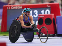 Susannah Scaroni of United States of America celebrates winning bronze in Women's 1500m - T54 Final during the Paris 2024 Paralympic Games a...