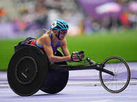 Susannah Scaroni of United States of America celebrates winning bronze in Women's 1500m - T54 Final during the Paris 2024 Paralympic Games a...