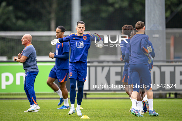 Netherlands goalkeeper Nick Olij participates in the training and press conference for the Netherlands Nations League season 2024-2025 at th...