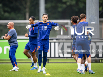 Netherlands goalkeeper Nick Olij participates in the training and press conference for the Netherlands Nations League season 2024-2025 at th...