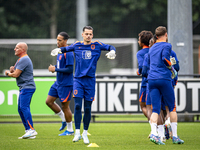 Netherlands goalkeeper Nick Olij participates in the training and press conference for the Netherlands Nations League season 2024-2025 at th...