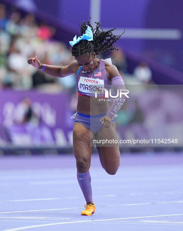 Brittni Mason of United States of America in action in Women's 100m - T46 Round 1 during the Paris 2024 Paralympic Games at Stade de France...