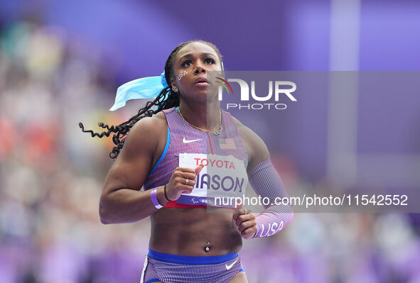 Brittni Mason of United States of America in action in Women's 100m - T46 Round 1 during the Paris 2024 Paralympic Games at Stade de France...