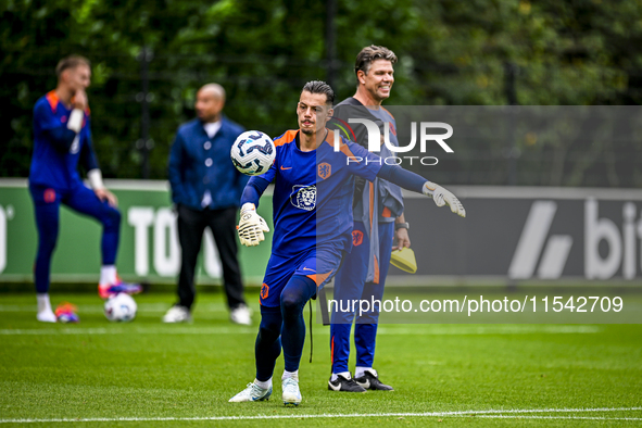 Netherlands goalkeeper Nick Olij participates in the training and press conference for the Netherlands Nations League season 2024-2025 at th...