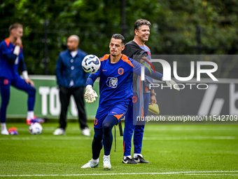 Netherlands goalkeeper Nick Olij participates in the training and press conference for the Netherlands Nations League season 2024-2025 at th...