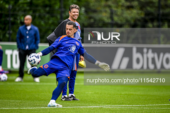 Netherlands goalkeeper Nick Olij participates in the training and press conference for the Netherlands Nations League season 2024-2025 at th...