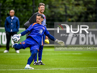 Netherlands goalkeeper Nick Olij participates in the training and press conference for the Netherlands Nations League season 2024-2025 at th...