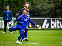 Netherlands goalkeeper Nick Olij participates in the training and press conference for the Netherlands Nations League season 2024-2025 at th...