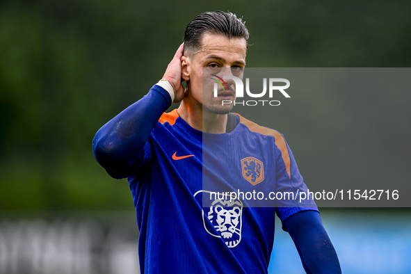 Netherlands goalkeeper Nick Olij participates in the training and press conference for the Netherlands Nations League season 2024-2025 at th...