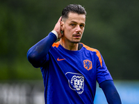 Netherlands goalkeeper Nick Olij participates in the training and press conference for the Netherlands Nations League season 2024-2025 at th...