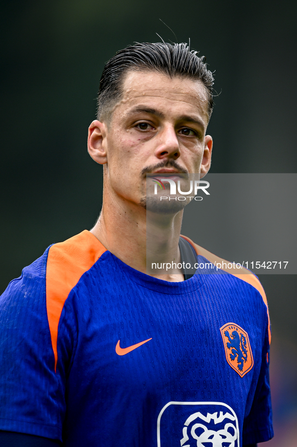 Netherlands goalkeeper Nick Olij participates in the training and press conference for the Netherlands Nations League season 2024-2025 at th...