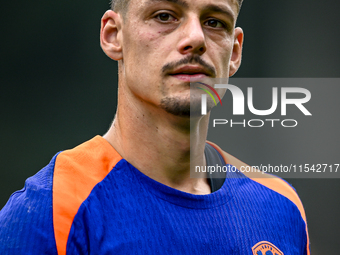 Netherlands goalkeeper Nick Olij participates in the training and press conference for the Netherlands Nations League season 2024-2025 at th...