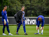 Netherlands goalkeeper Nick Olij and Netherlands goalkeeper trainer Patrick Lodewijks during the training and press conference for the Nethe...