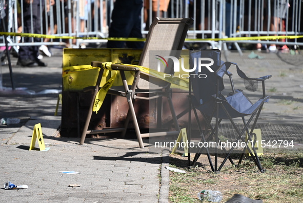 View of the crime scene with evidence markers placed on the ground. The NYPD says in an update that one person is killed and four other peop...