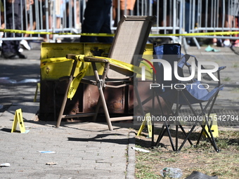 View of the crime scene with evidence markers placed on the ground. The NYPD says in an update that one person is killed and four other peop...