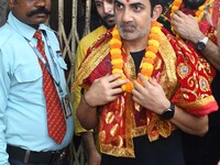 Indian cricket team head coach and former opener Gautam Gambhir offers prayers at Kamakhya Temple in Guwahati, India, on September 3, 2024....