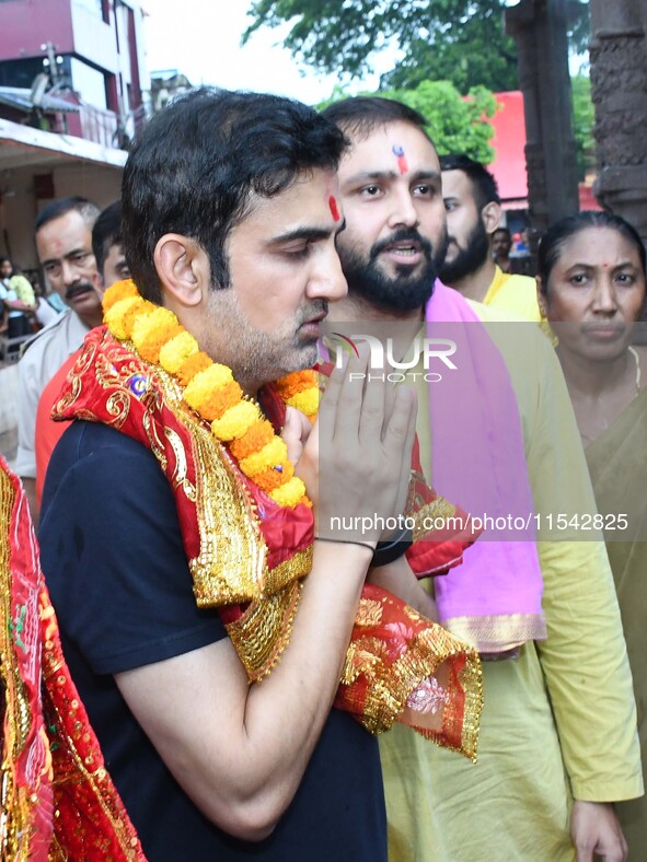 Indian cricket team head coach and former opener Gautam Gambhir offers prayers at Kamakhya Temple in Guwahati, India, on September 3, 2024. 