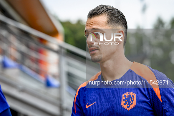 Netherlands goalkeeper Nick Olij participates in the training and press conference for the Netherlands Nations League season 2024-2025 at th...