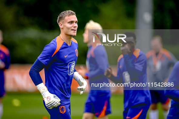 Netherlands goalkeeper Bart Verbruggen participates in the training and press conference for the Netherlands Nations League season 2024-2025...