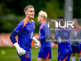 Netherlands goalkeeper Bart Verbruggen participates in the training and press conference for the Netherlands Nations League season 2024-2025...