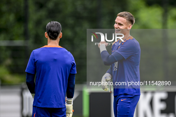 Netherlands goalkeeper Bart Verbruggen participates in the training and press conference for the Netherlands Nations League season 2024-2025...