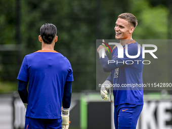 Netherlands goalkeeper Bart Verbruggen participates in the training and press conference for the Netherlands Nations League season 2024-2025...