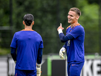 Netherlands goalkeeper Bart Verbruggen participates in the training and press conference for the Netherlands Nations League season 2024-2025...