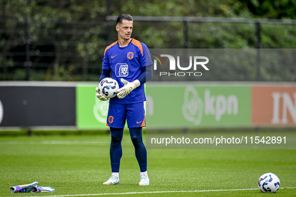 Netherlands goalkeeper Nick Olij participates in the training and press conference for the Netherlands Nations League season 2024-2025 at th...