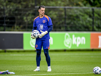 Netherlands goalkeeper Nick Olij participates in the training and press conference for the Netherlands Nations League season 2024-2025 at th...