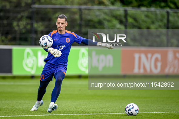 Netherlands goalkeeper Nick Olij participates in the training and press conference for the Netherlands Nations League season 2024-2025 at th...