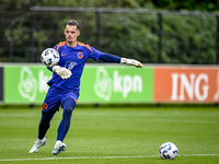 Netherlands goalkeeper Nick Olij participates in the training and press conference for the Netherlands Nations League season 2024-2025 at th...