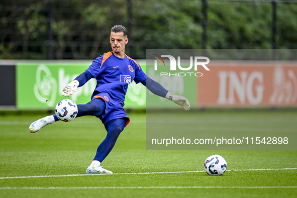 Netherlands goalkeeper Nick Olij participates in the training and press conference for the Netherlands Nations League season 2024-2025 at th...