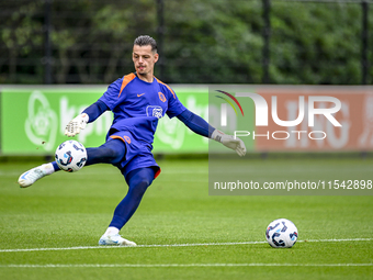 Netherlands goalkeeper Nick Olij participates in the training and press conference for the Netherlands Nations League season 2024-2025 at th...