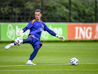 Netherlands goalkeeper Nick Olij participates in the training and press conference for the Netherlands Nations League season 2024-2025 at th...