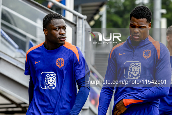 Netherlands player Brian Brobbey and Netherlands player Denzel Dumfries during the training and press conference for the Netherlands Nations...