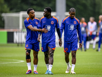 Netherlands players Quinten Timber, Brian Brobbey, and Jorrel Hato during the training and press conference for the Netherlands Nations Leag...